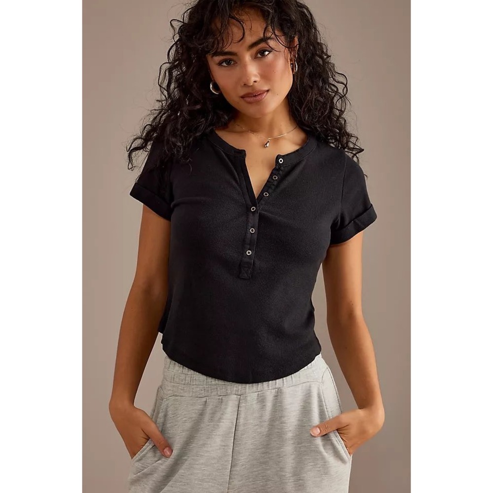 Pilcro and the Letterpress Black Ribbed Henley Short Sleeve Top Small OB1683745